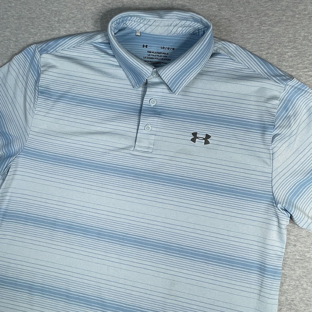 Under Armour Playoff Polo 2.0 Mens L Blue Striped Golf Shirt Short Sleeve Flaw